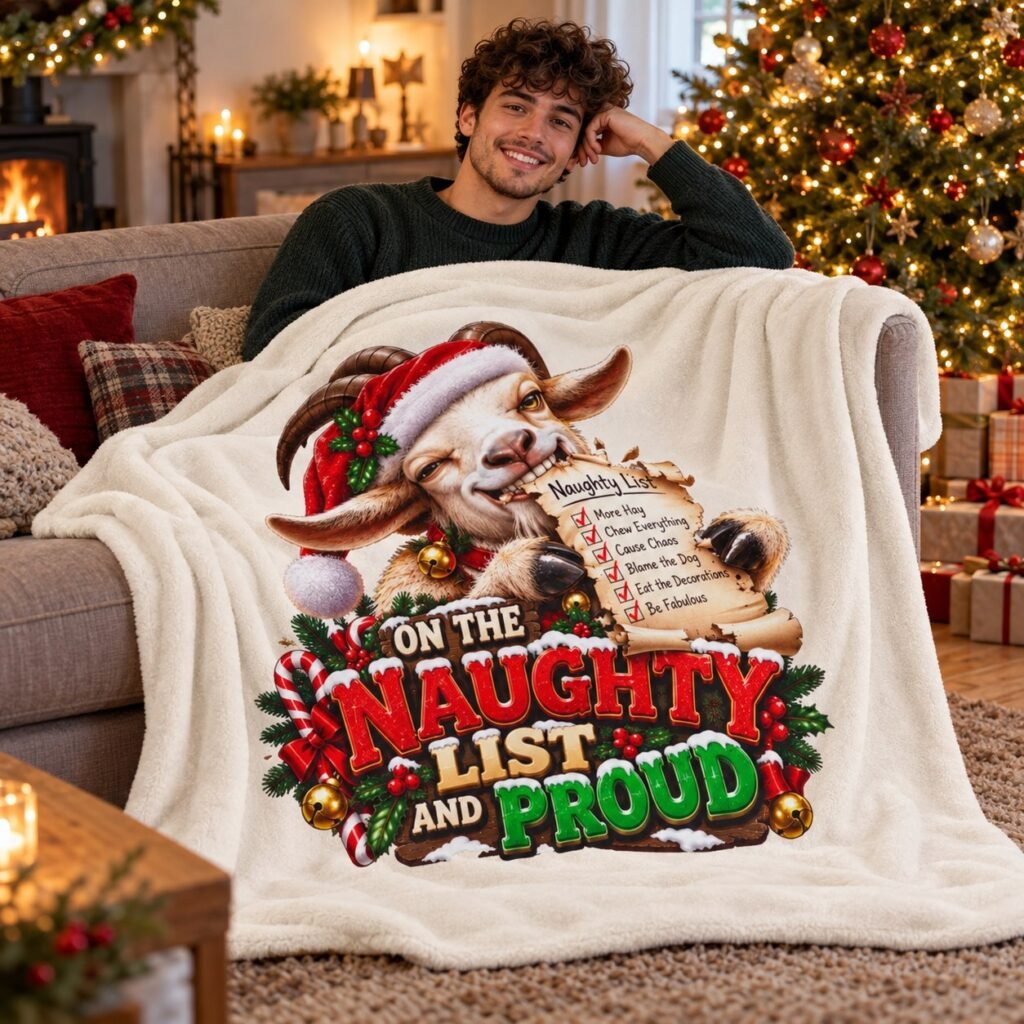 Person relaxing on a sofa with the On The Naughty List And Proud Christmas Blanket
