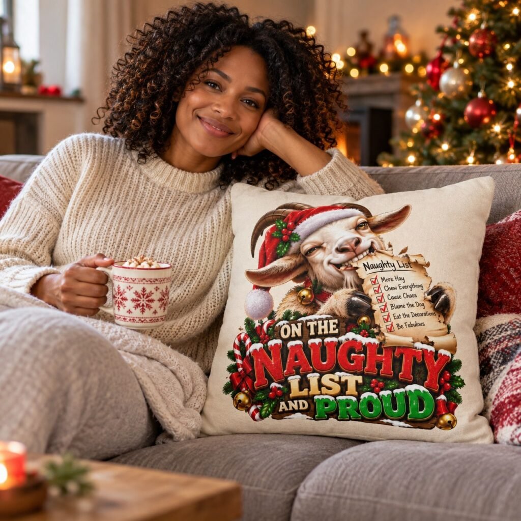 The On The Naughty List And Proud Christmas Cushion on a sofa in a cosy living room