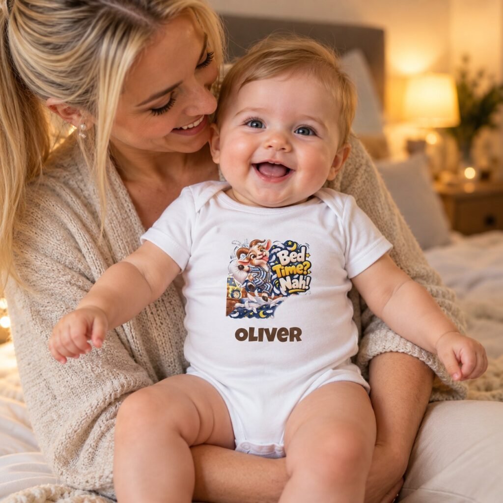 Baby wearing the Personalised Baby Bodysuit – Bed Time Nah