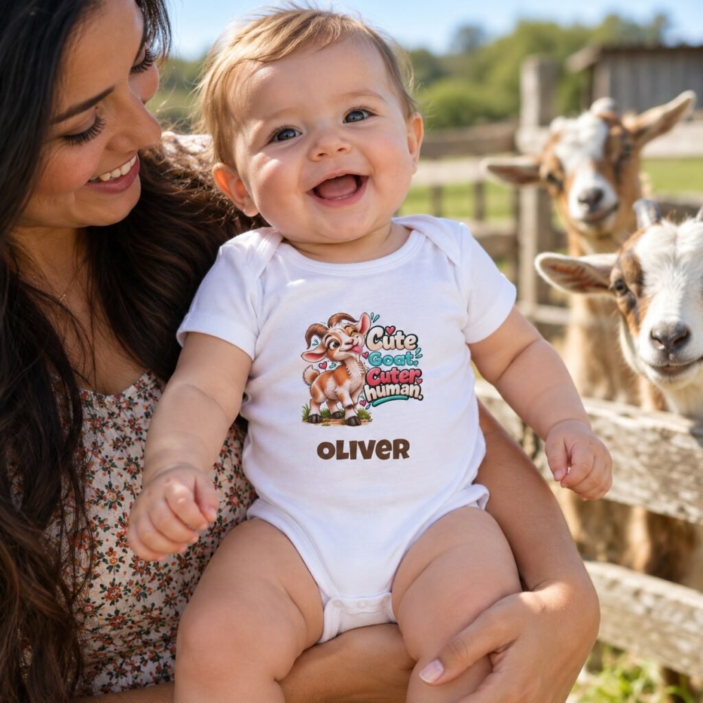 Baby wearing the Personalised Baby Bodysuit – Cute Goat Cuter Human