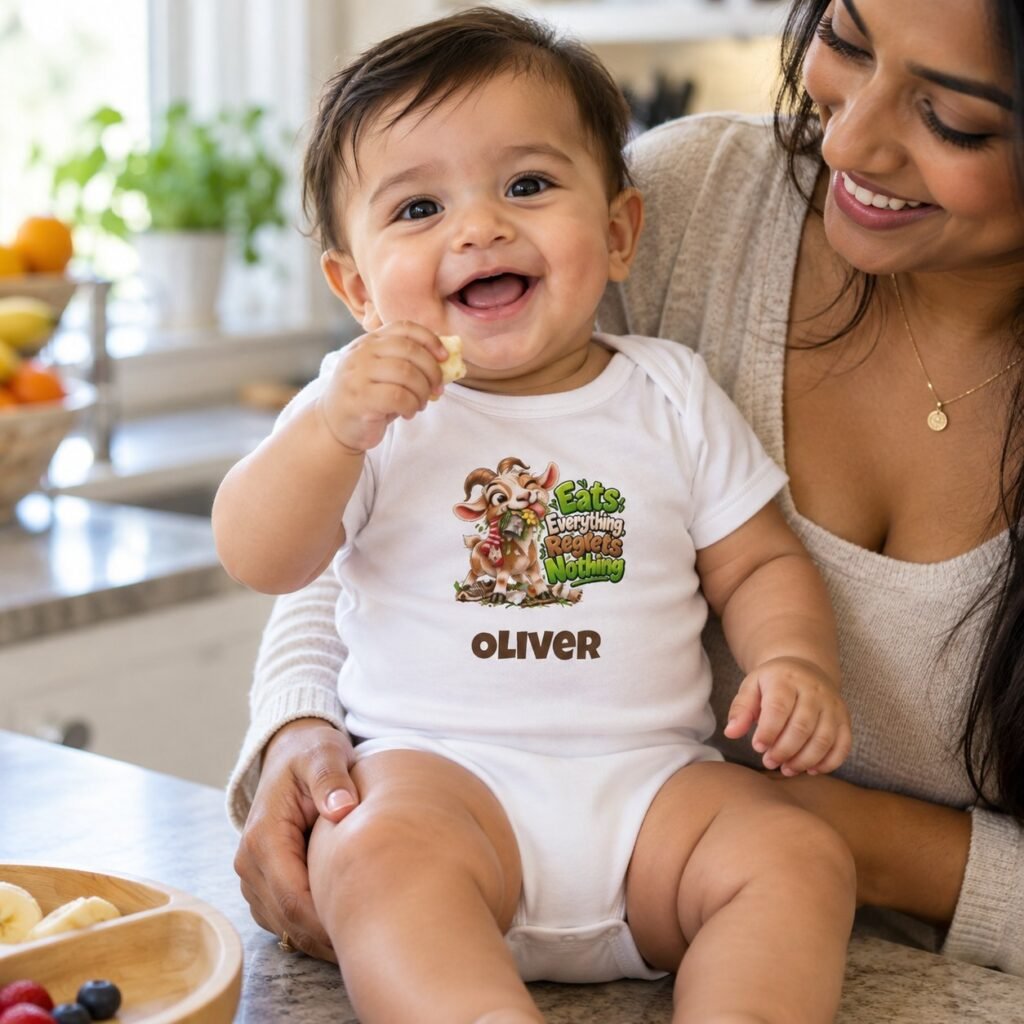 Baby wearing the Personalised Baby Bodysuit – Eats Everything Regrets Nothing
