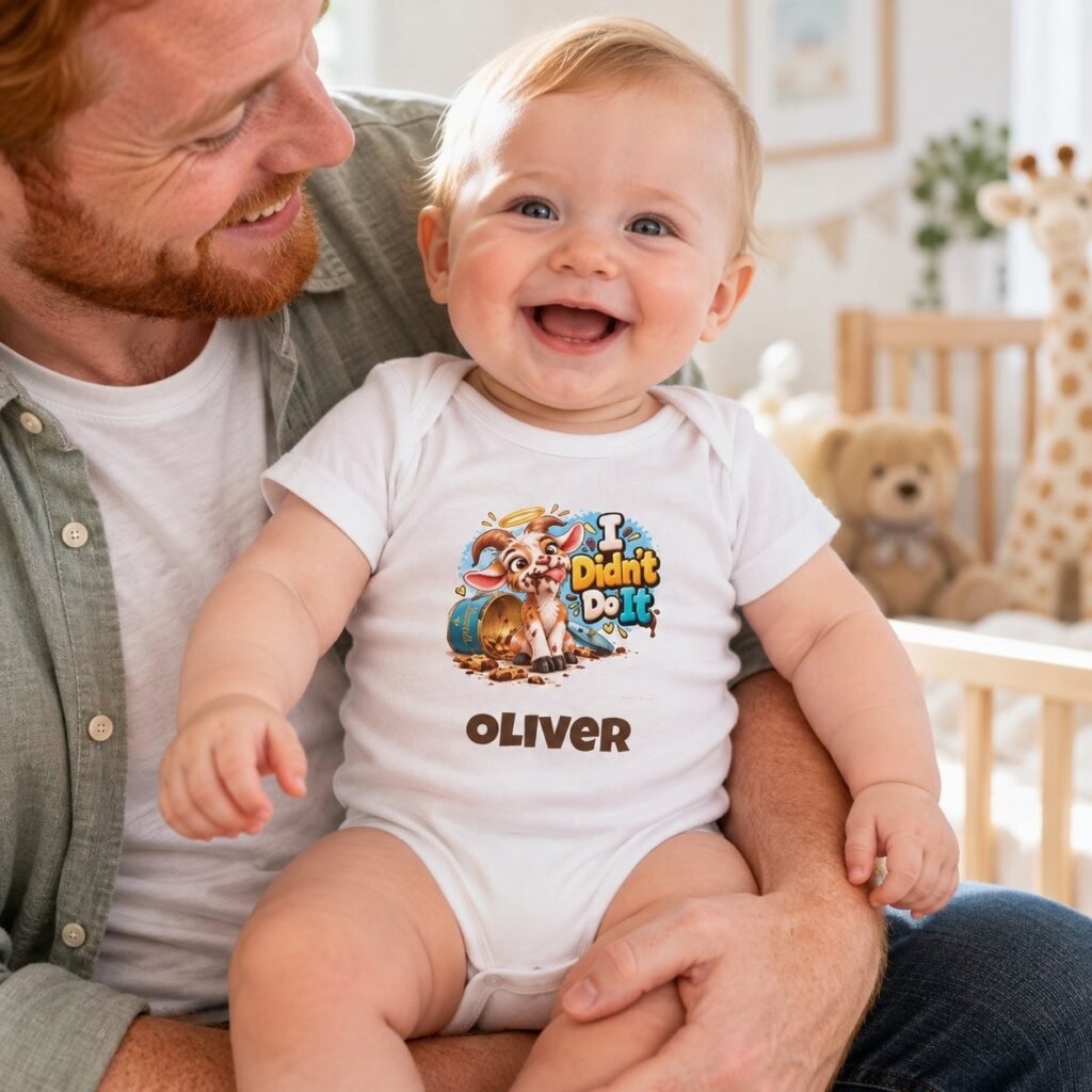 Baby wearing the Personalised Baby Bodysuit – I Didn't Do It