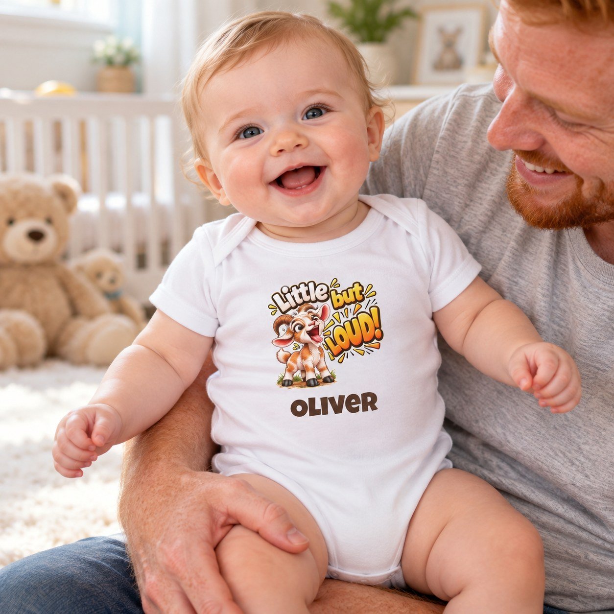 Baby wearing the Personalised Baby Bodysuit – Little but Loud