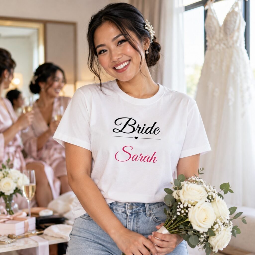 Bride-to-be wearing the Personalised Bride T-Shirt – Custom Name