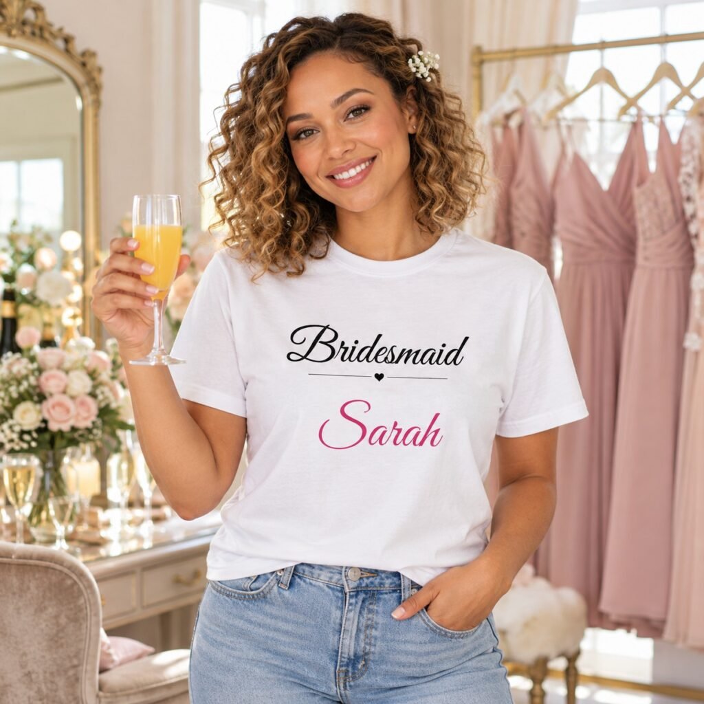Bridesmaid wearing the Personalised Bridesmaid T-Shirt – Custom Name