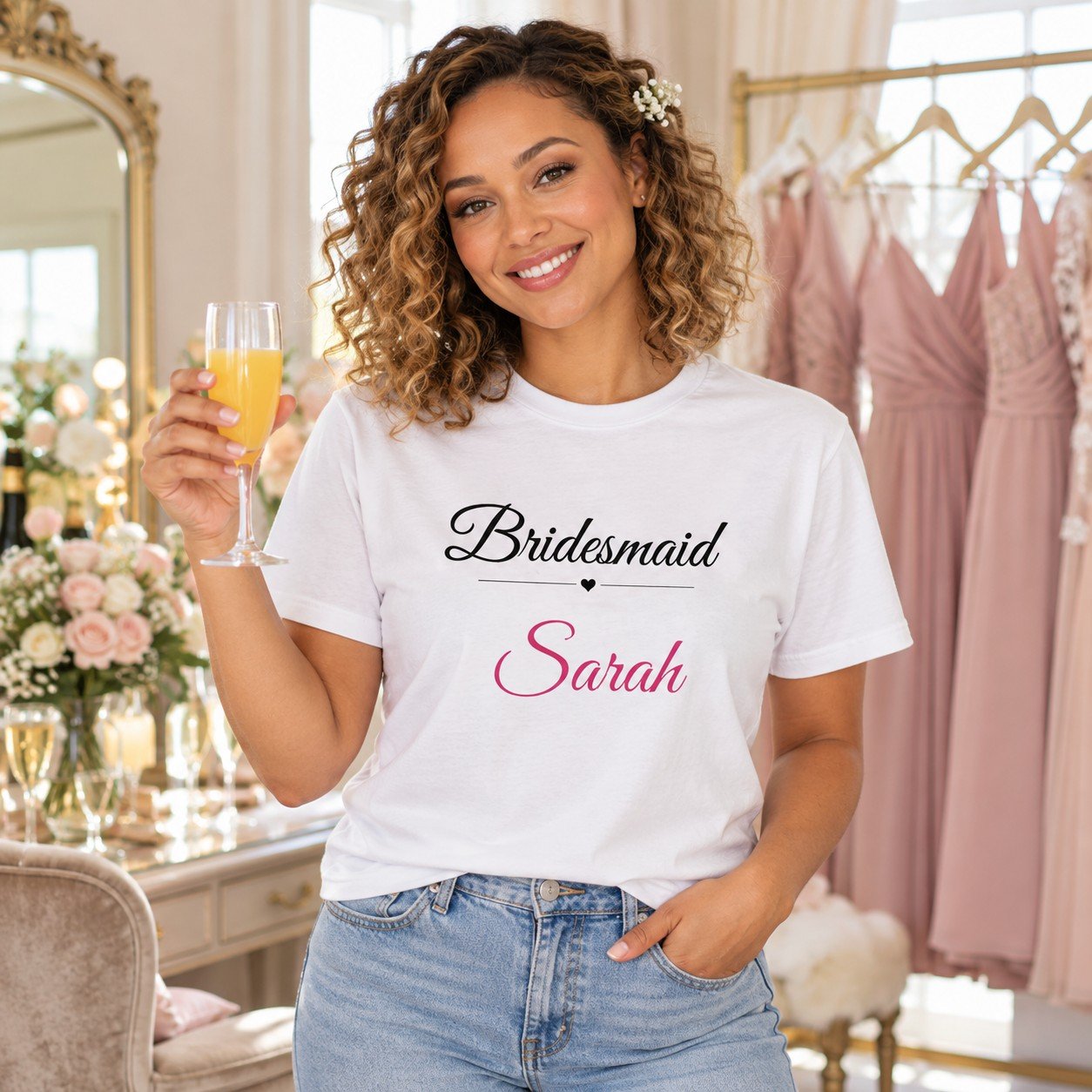 Bridesmaid wearing the Personalised Bridesmaid T-Shirt – Custom Name