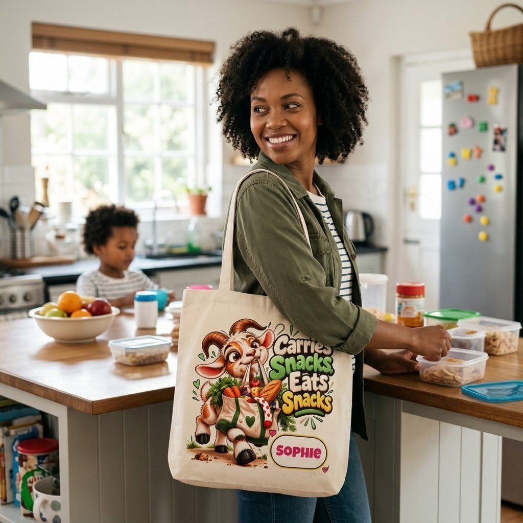 Person carrying the Personalised Carries Snacks Canvas Tote Bag over the shoulder