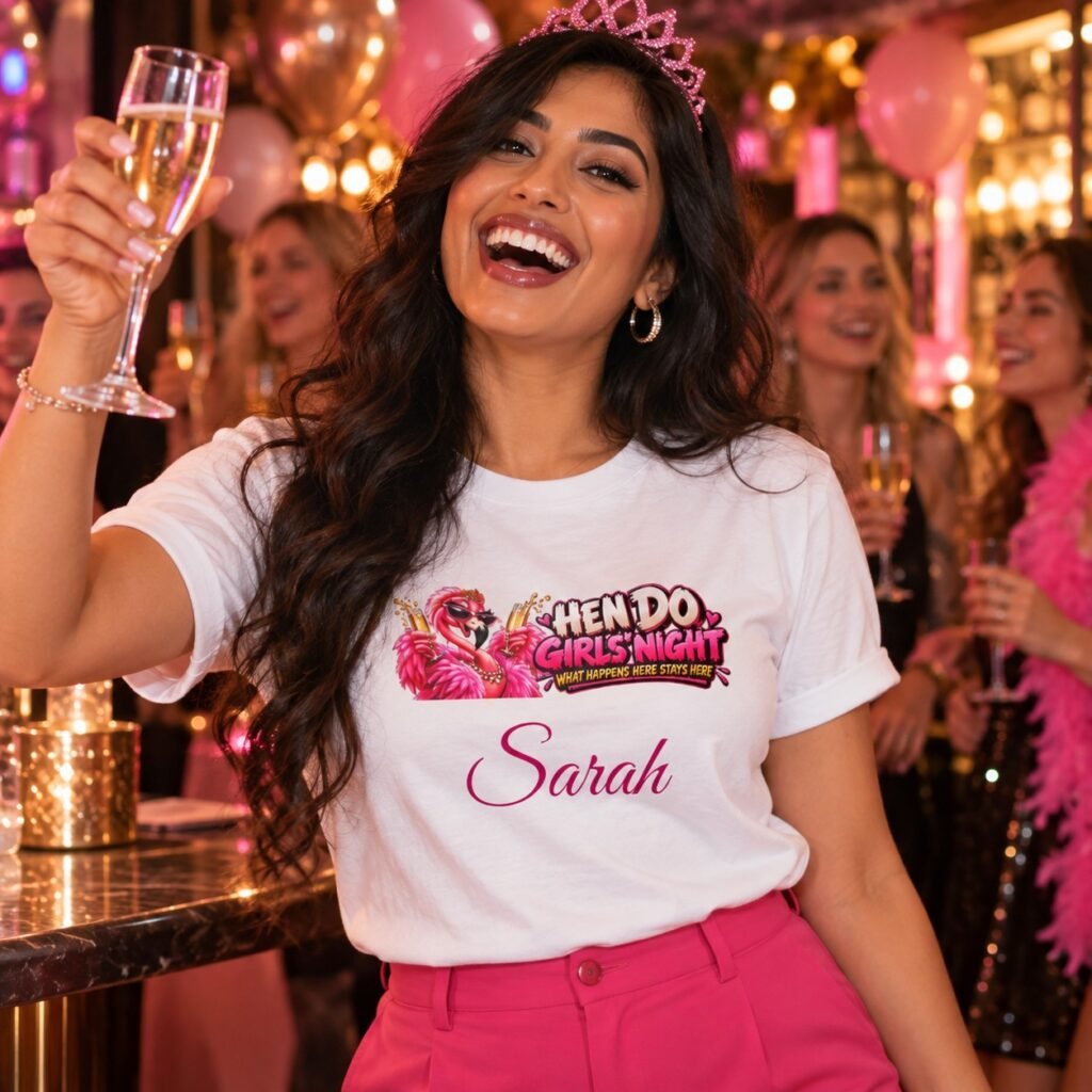 Woman wearing the Personalised Hen Do T-Shirt – Girls' Night