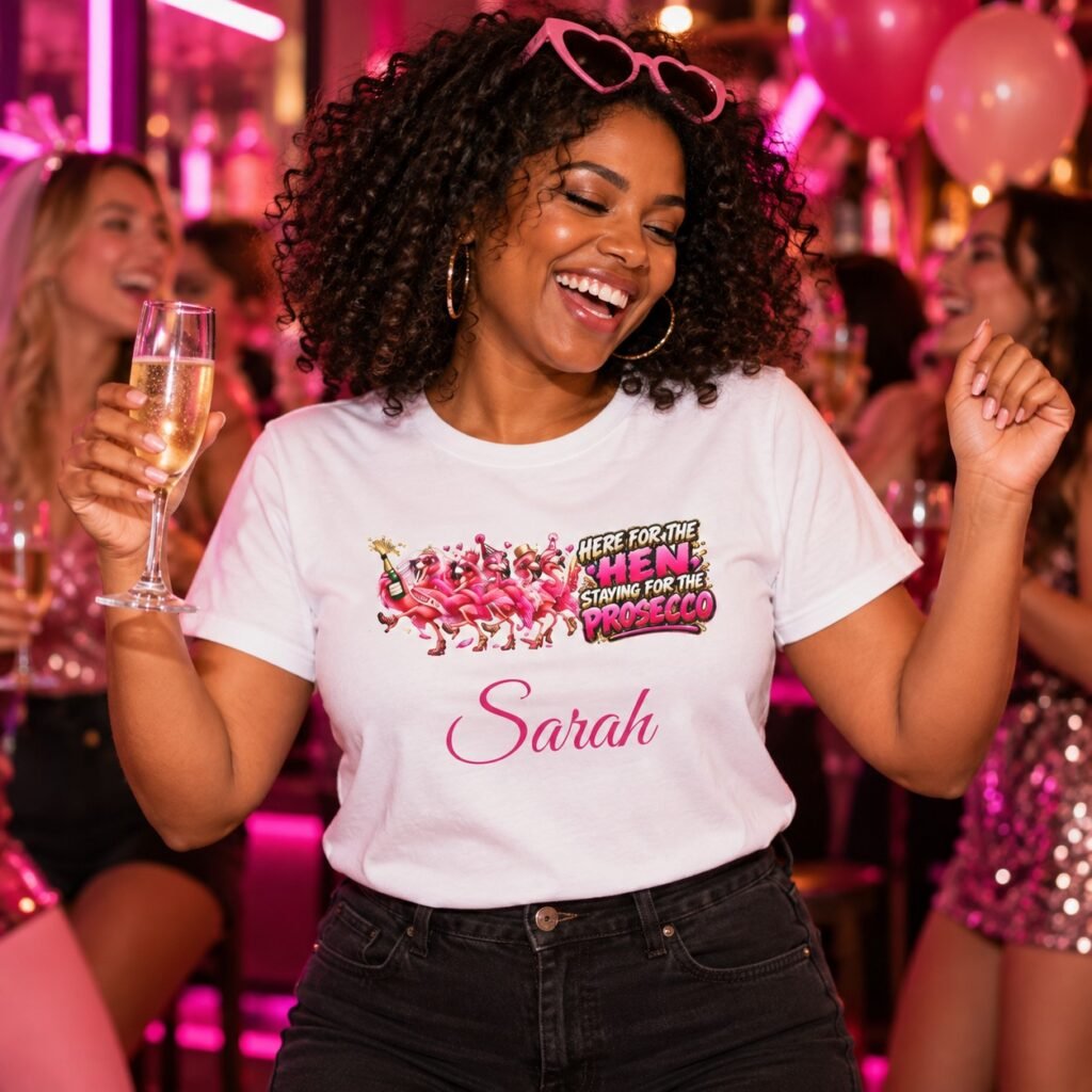 Woman wearing the Personalised Here For The Hen
