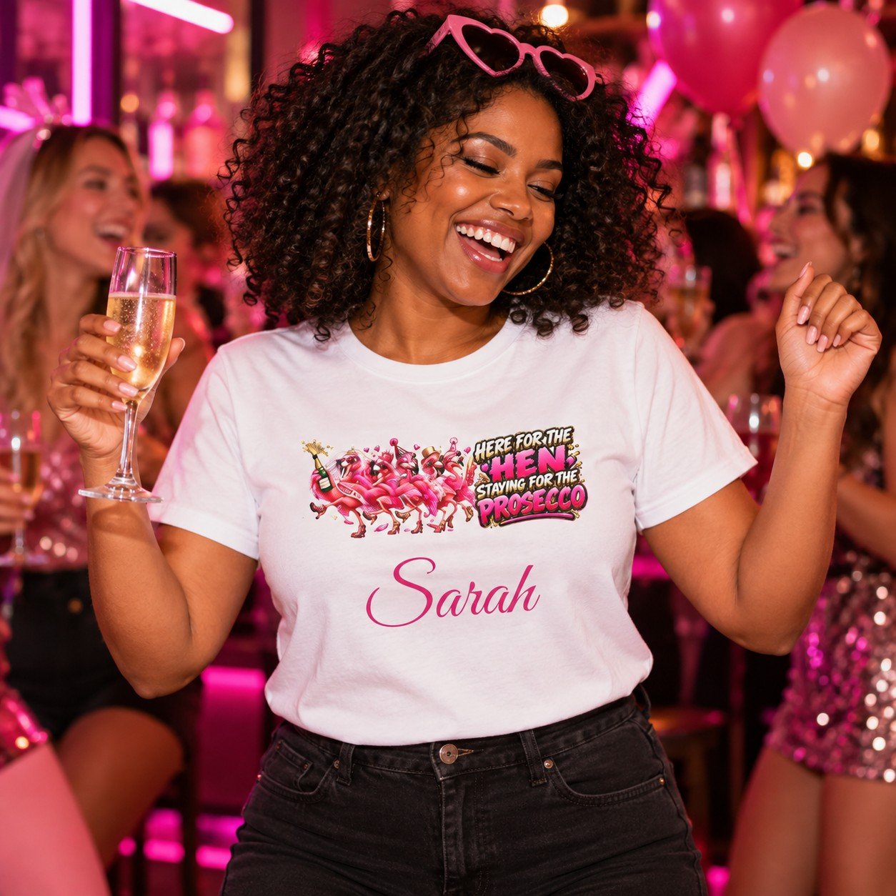 Woman wearing the Personalised Here For The Hen