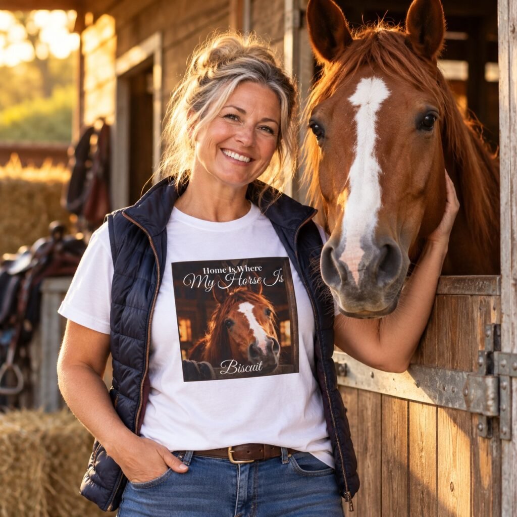 Horse owner wearing the Personalised Horse Photo T-Shirt