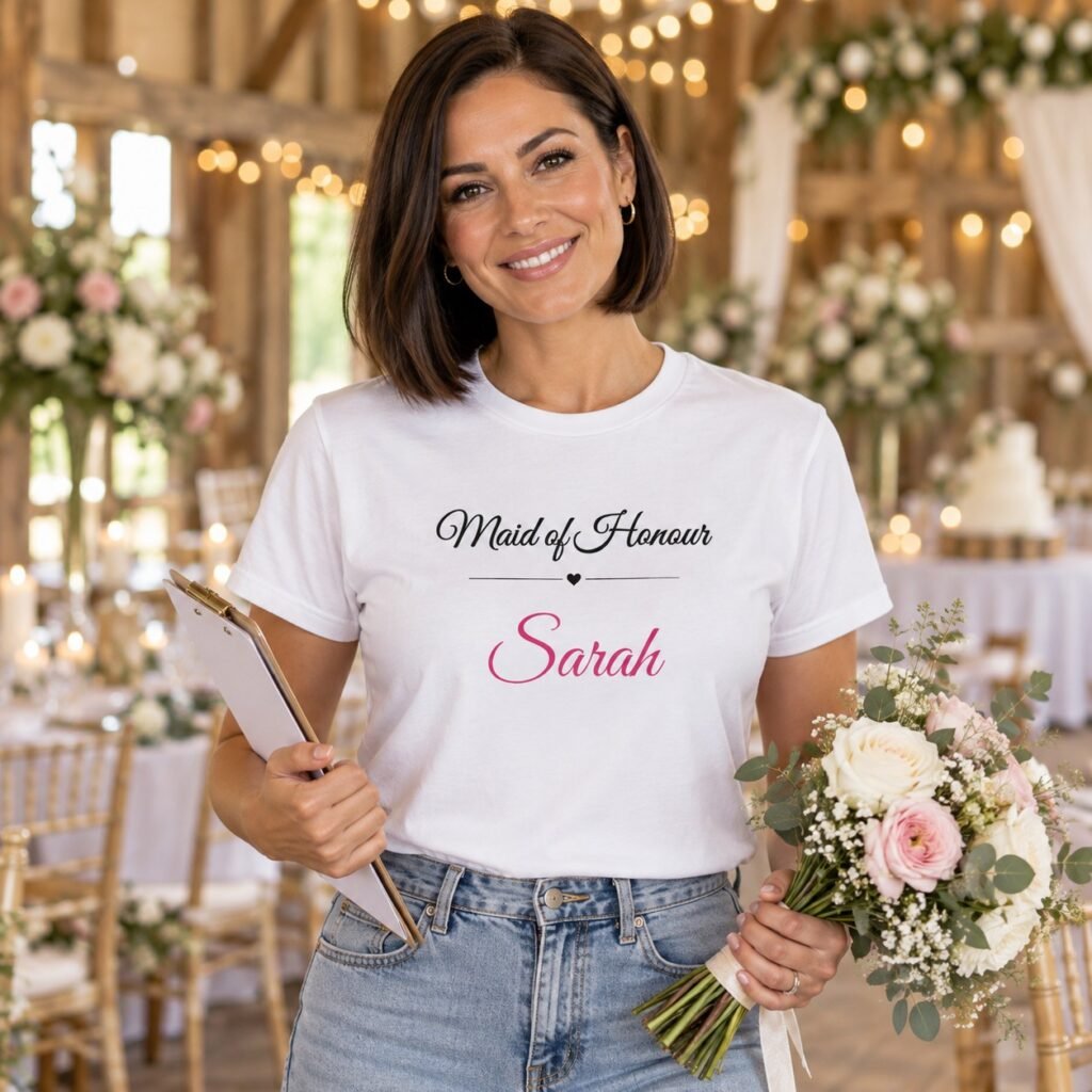 Maid of honour wearing the Personalised Maid of Honour T-Shirt – Custom Name