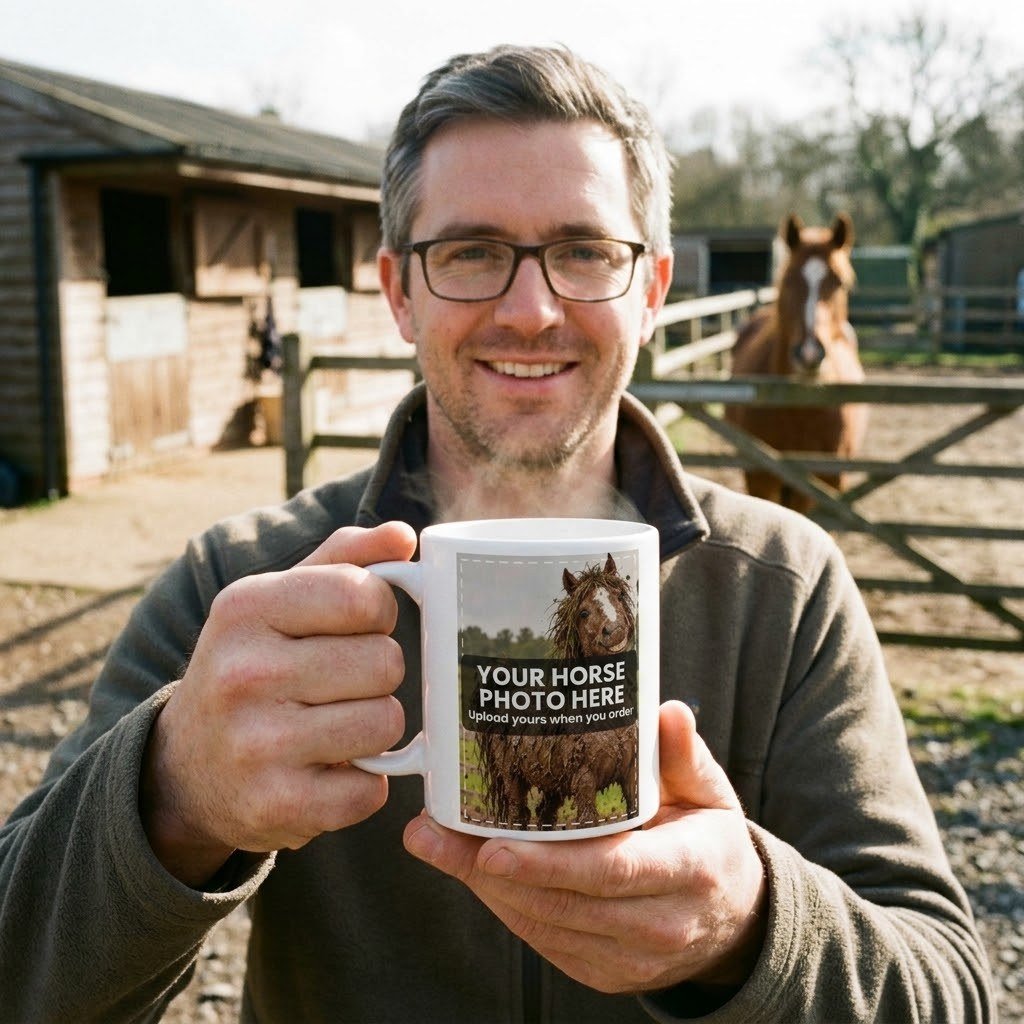 Person holding the Personalised Muddy Horse Mug – Your Horse's Photo