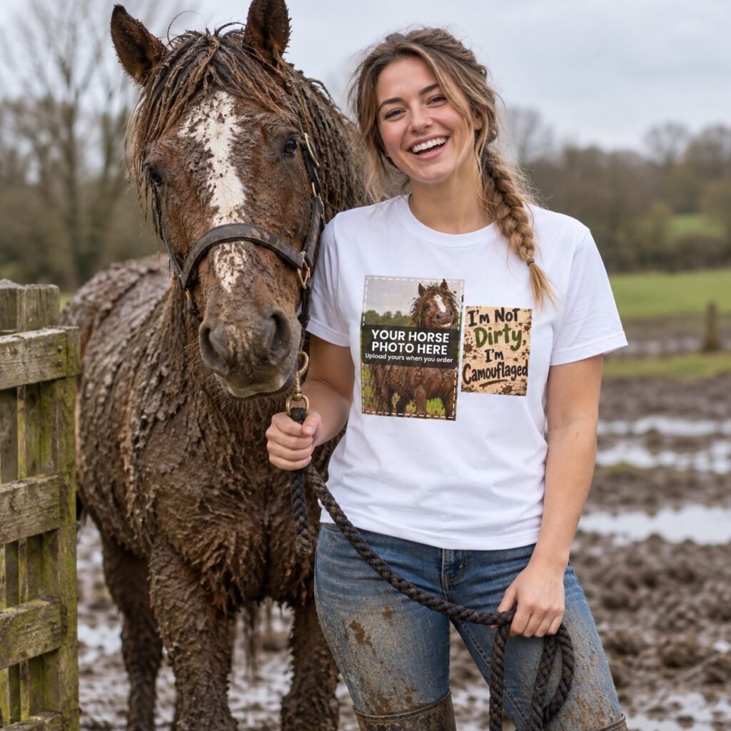 Horse owner wearing the Personalised Muddy Horse T-Shirt – Your Horse's Photo
