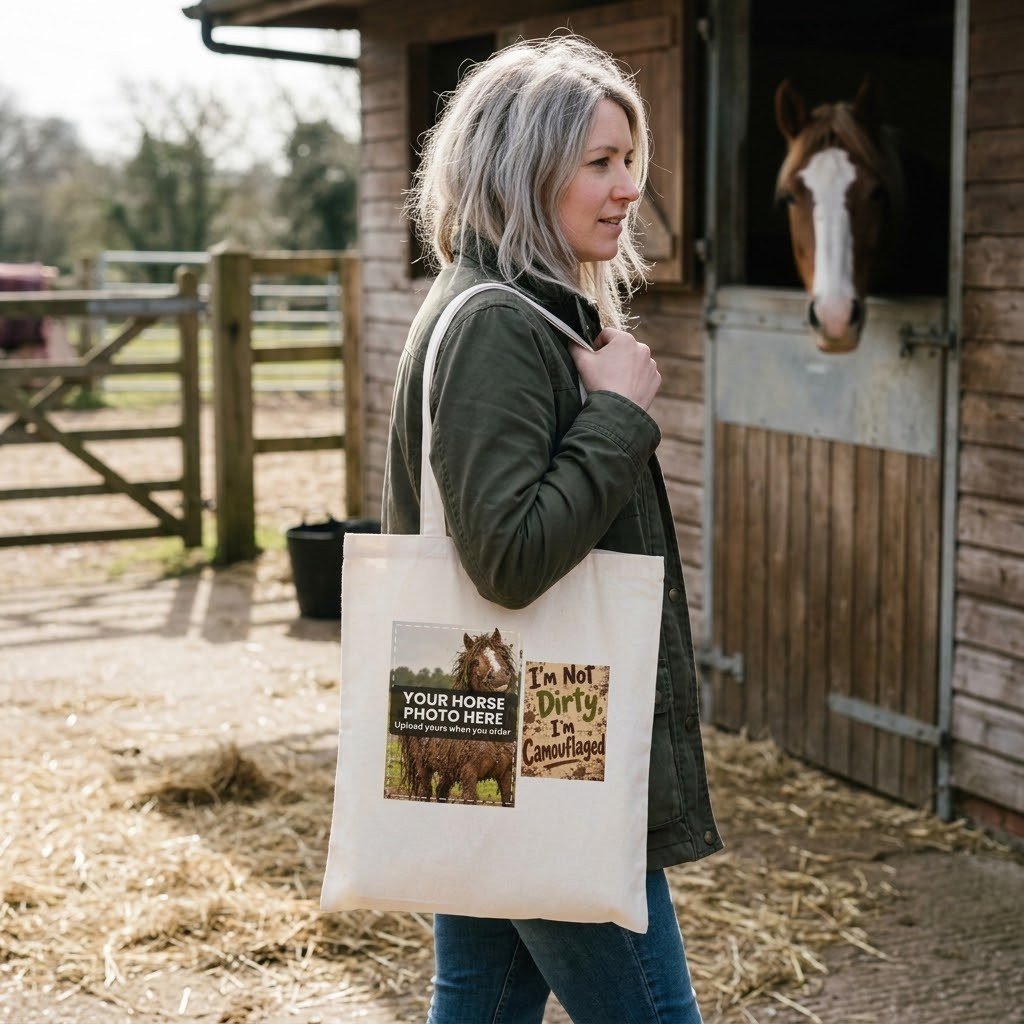 Person carrying the Personalised Muddy Horse Tote Bag – Your Horse's Photo over the shoulder