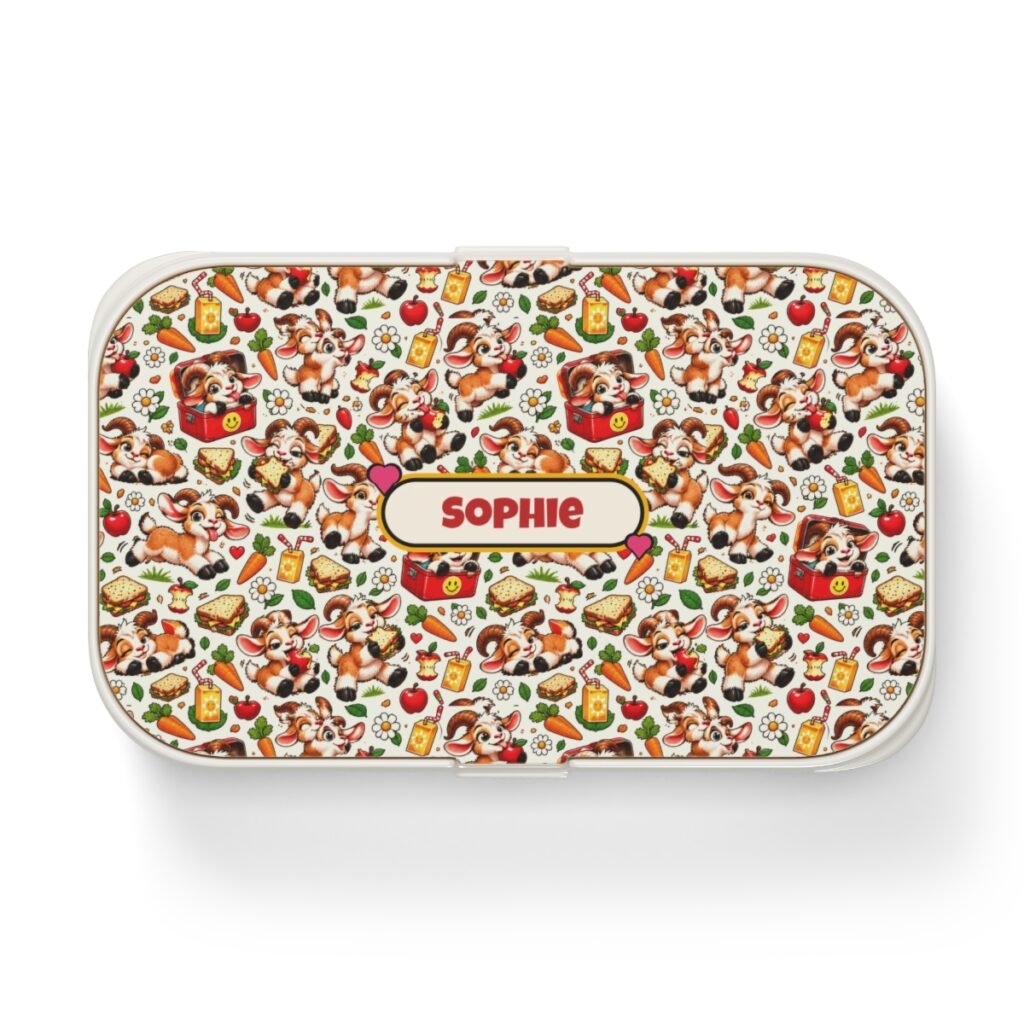 Personalised Bento Lunch Box – Cute Goat Pattern, Custom Name