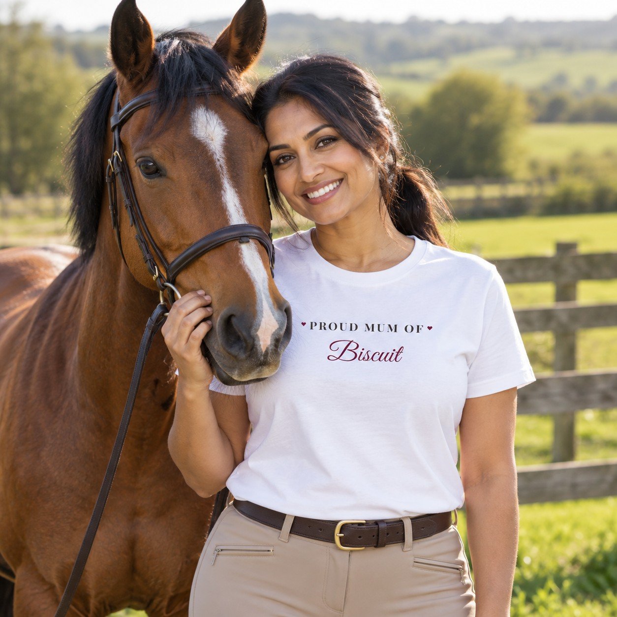 Horse owner wearing the Personalised Proud Horse Mum T-Shirt