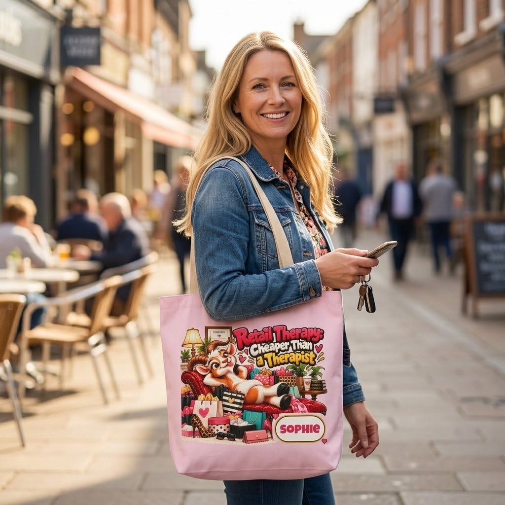 Person carrying the Personalised Retail Therapy Canvas Tote Bag over the shoulder