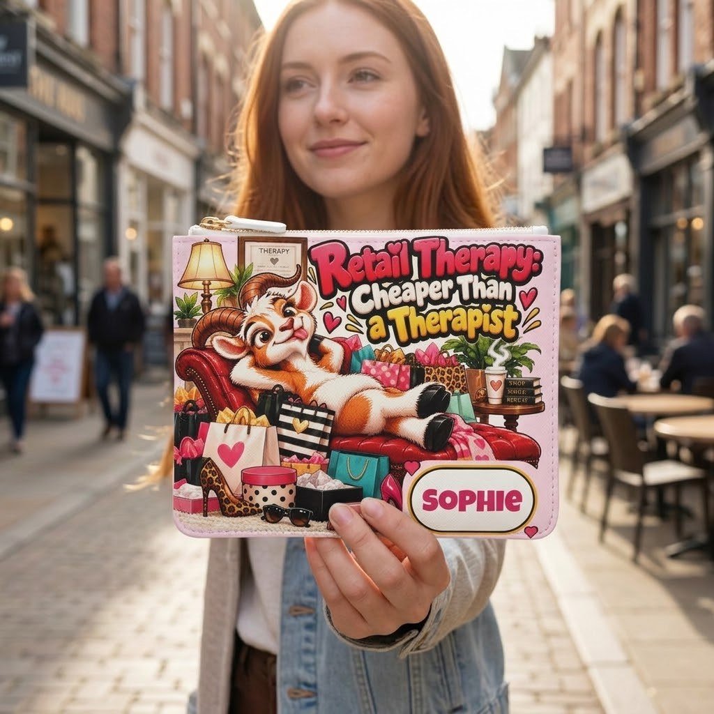 Woman holding the personalised Retail Therapy mini clutch bag