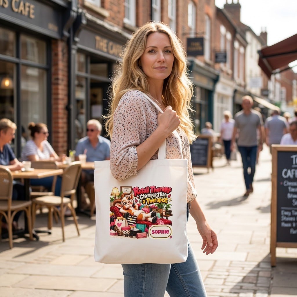 Woman carrying the personalised Retail Therapy tote bag on a high street
