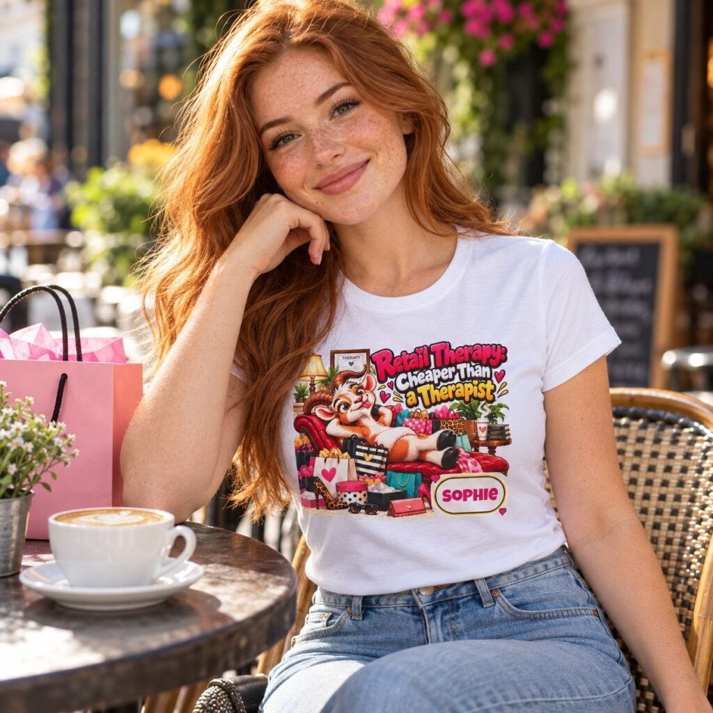 Woman wearing the Personalised Retail Therapy Women's T-Shirt
