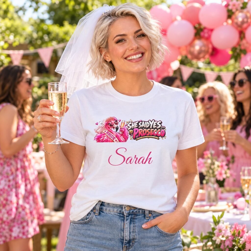 Bride-to-be wearing the Personalised She Said Yes… To Prosecco T-Shirt