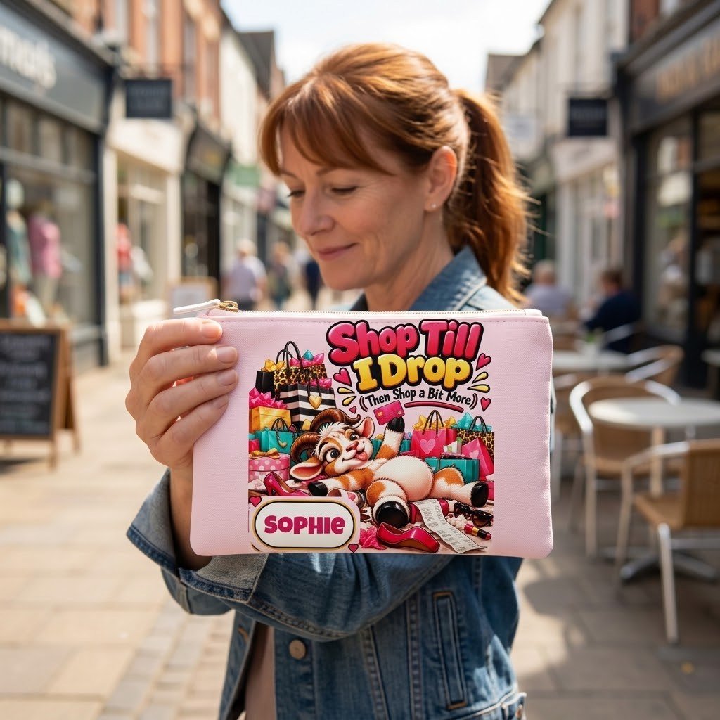 Person carrying the Personalised Shop Till I Drop Mini Clutch Bag over the shoulder