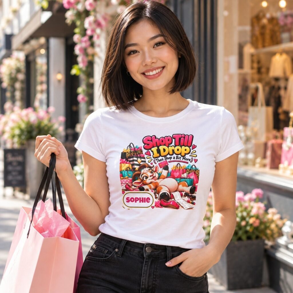 Woman wearing the Personalised Shop Till I Drop Women's T-Shirt