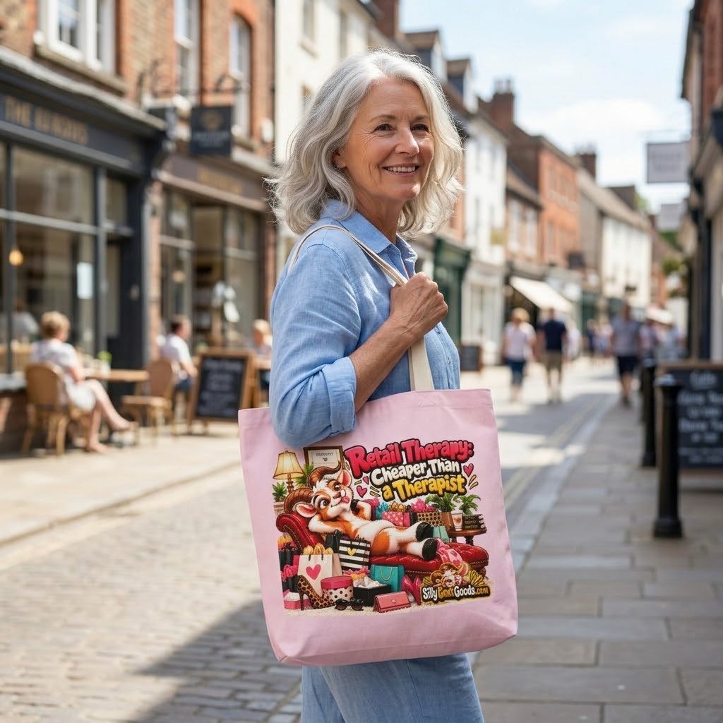 Person carrying the Retail Therapy: Cheaper Than a Therapist Canvas Tote Bag over the shoulder