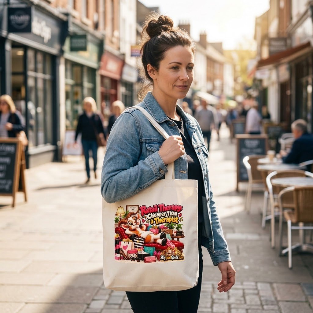 Person carrying the Retail Therapy: Cheaper Than a Therapist Tote Bag over the shoulder