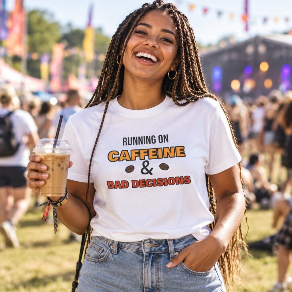 Woman wearing the Running on Caffeine and Bad Decisions T-Shirt