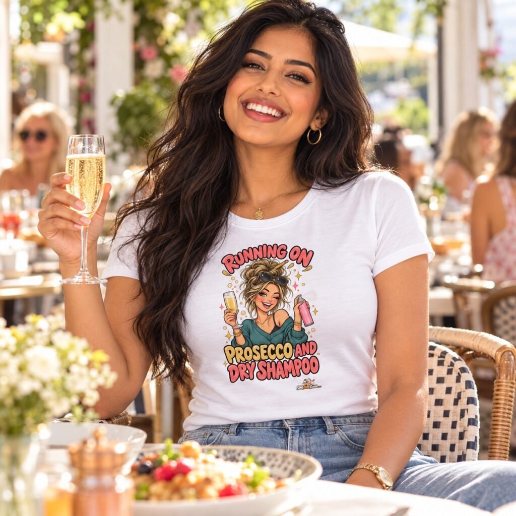 Woman wearing the Running on Prosecco and Dry Shampoo Funny Womens T-Shirt