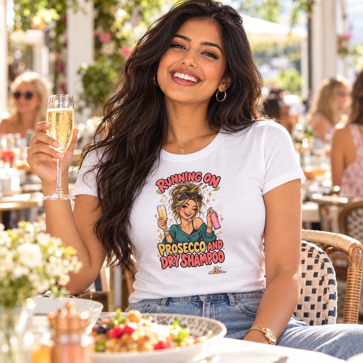 Woman wearing the Running on Prosecco and Dry Shampoo Funny Womens T-Shirt