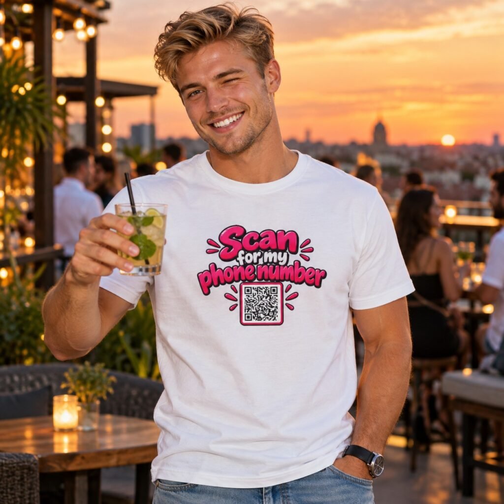 Man wearing the Scan for My Phone Number QR Code T-Shirt