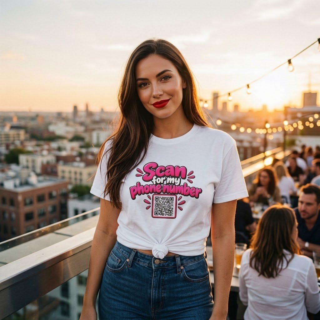 Woman wearing the Scan for My Phone Number QR code t-shirt at a rooftop bar