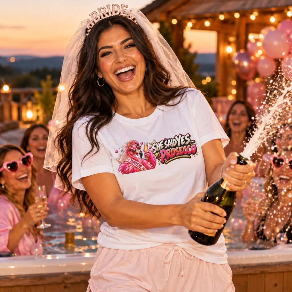 Bride-to-be wearing the She Said Yes To Prosecco T-Shirt