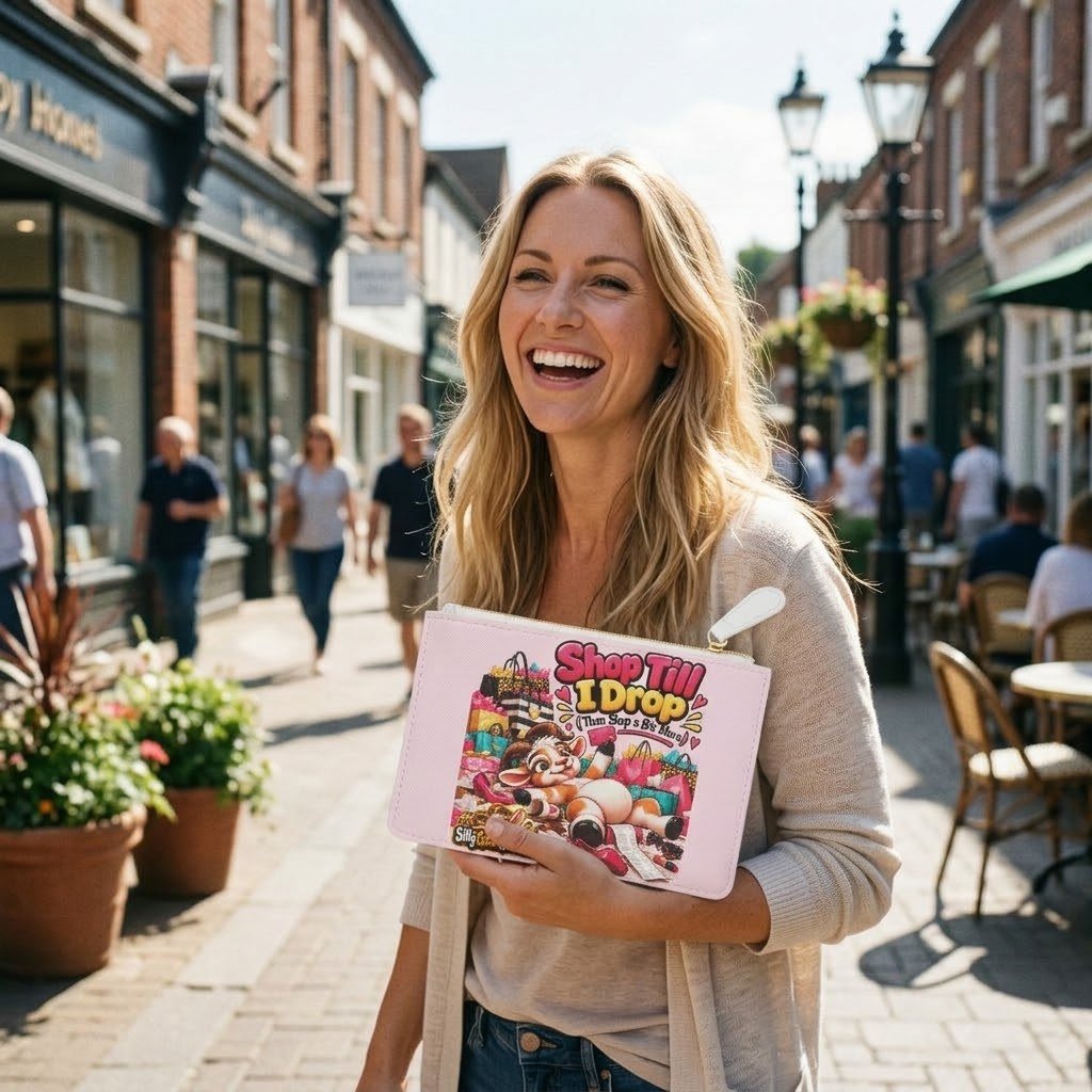 Woman holding the Shop Till I Drop mini clutch bag on a high street