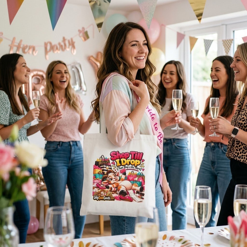 Woman carrying the Shop Till I Drop tote bag at a hen party