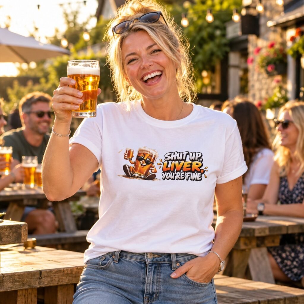 Woman wearing the Shut Up Liver You're Fine T-Shirt