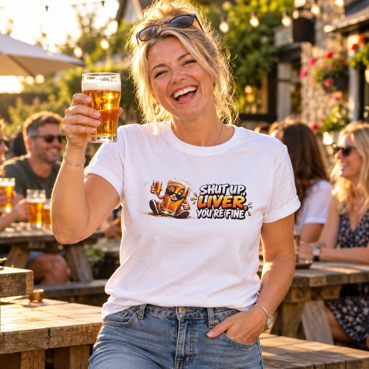 Woman wearing the Shut Up Liver You're Fine T-Shirt