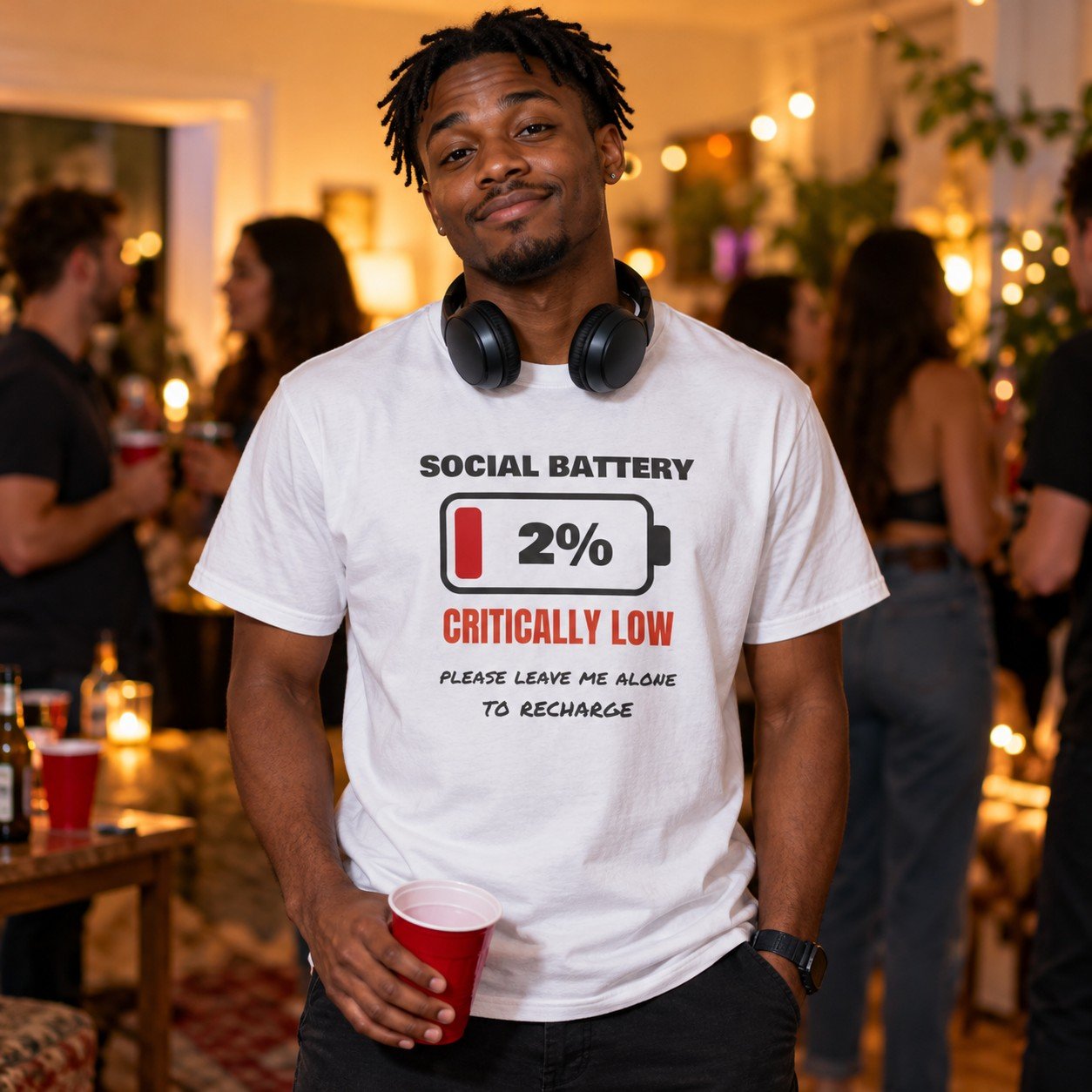 Man wearing the Social Battery Critically Low T-Shirt