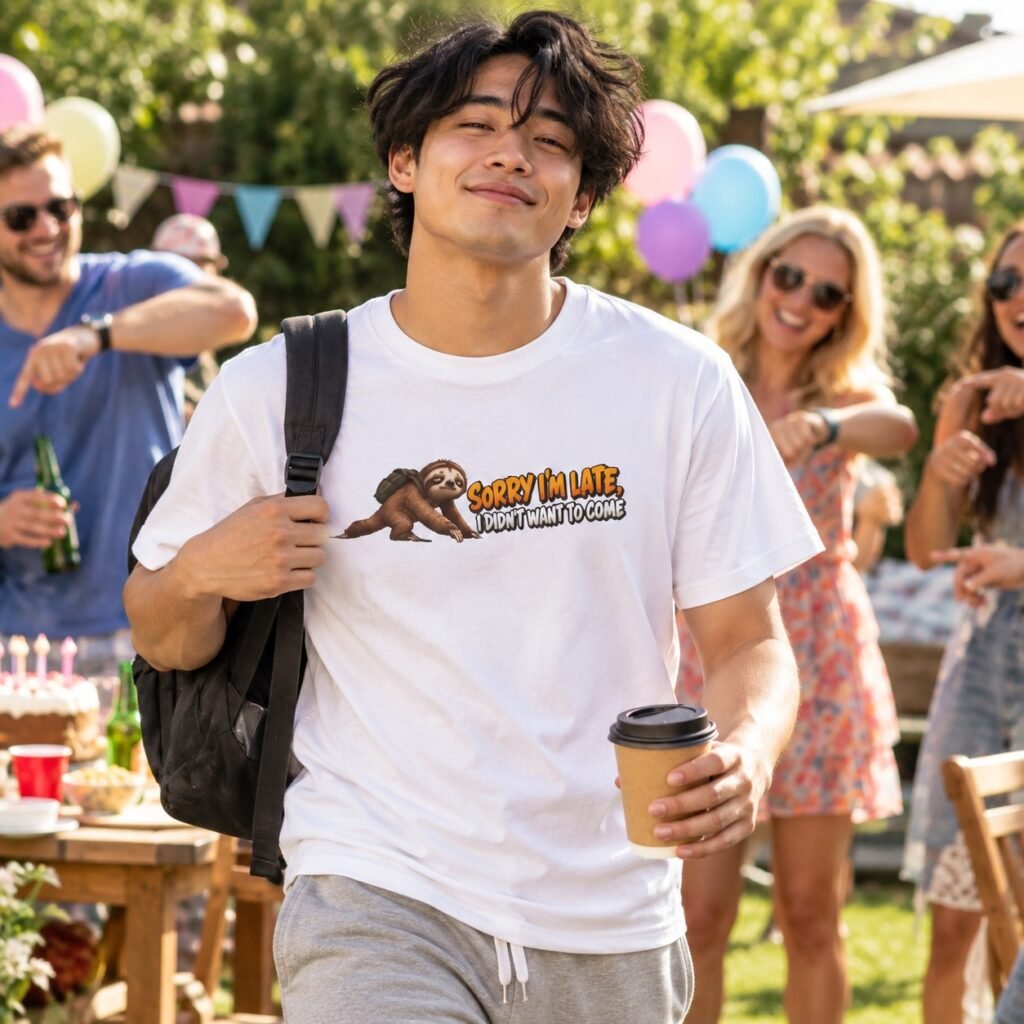 Man wearing the Sorry I'm Late I Didn't Want to Come T-Shirt