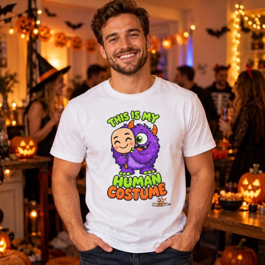 Man wearing the This Is My Human Costume Funny Halloween T-Shirt
