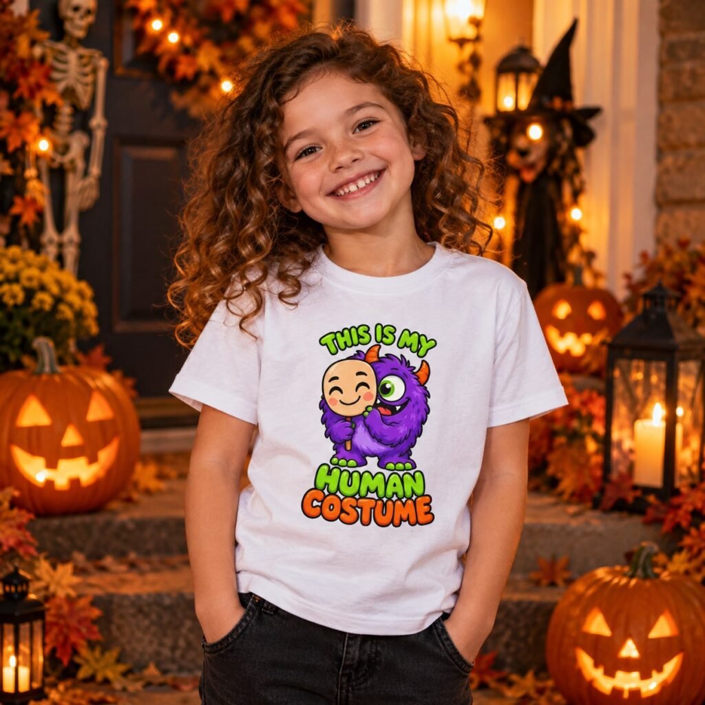 Child wearing the This Is My Human Costume Kids Halloween T-Shirt