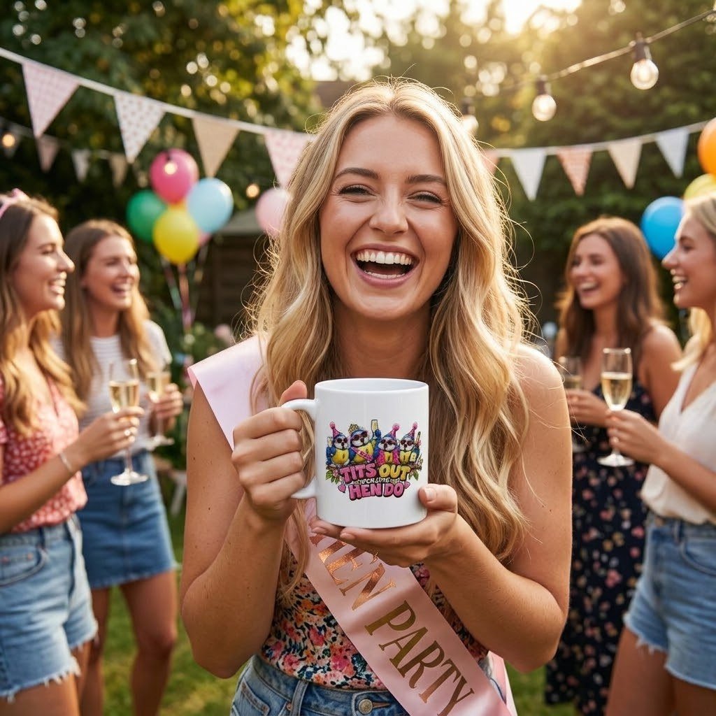 Woman holding the Tits Out For The Hen Do mug at a hen party