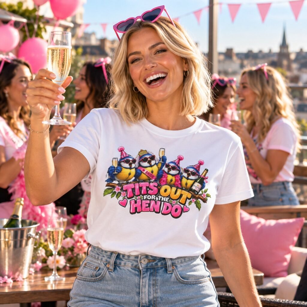 Woman wearing the Tits Out For The Hen Do T-Shirt