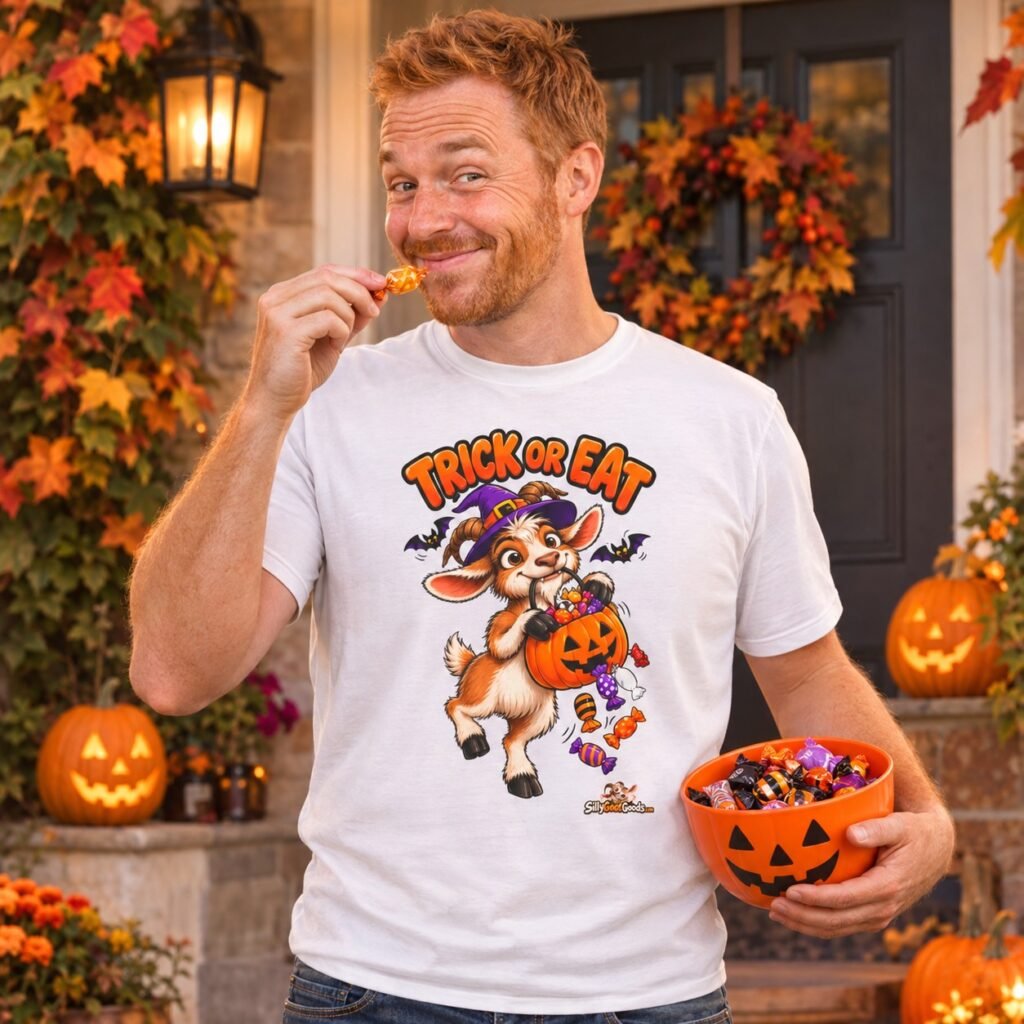 Man wearing the Trick or Eat Funny Goat Halloween T-Shirt