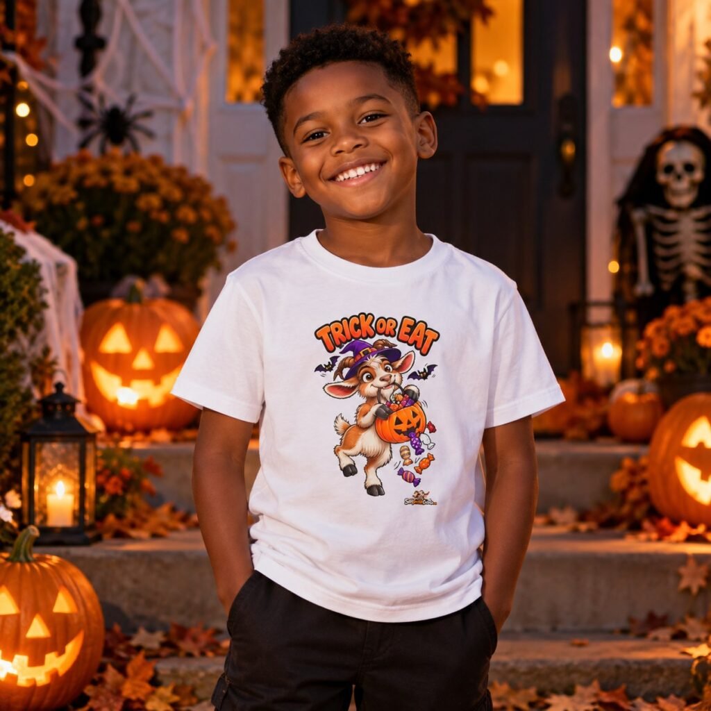 Child wearing the Trick or Eat Kids Halloween T-Shirt