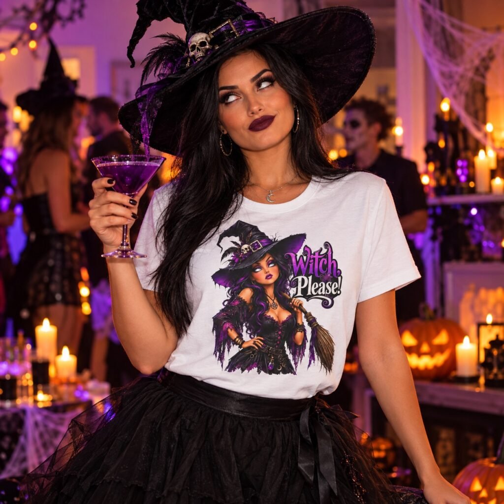 Woman wearing the Witch Please Glam Witch T-Shirt