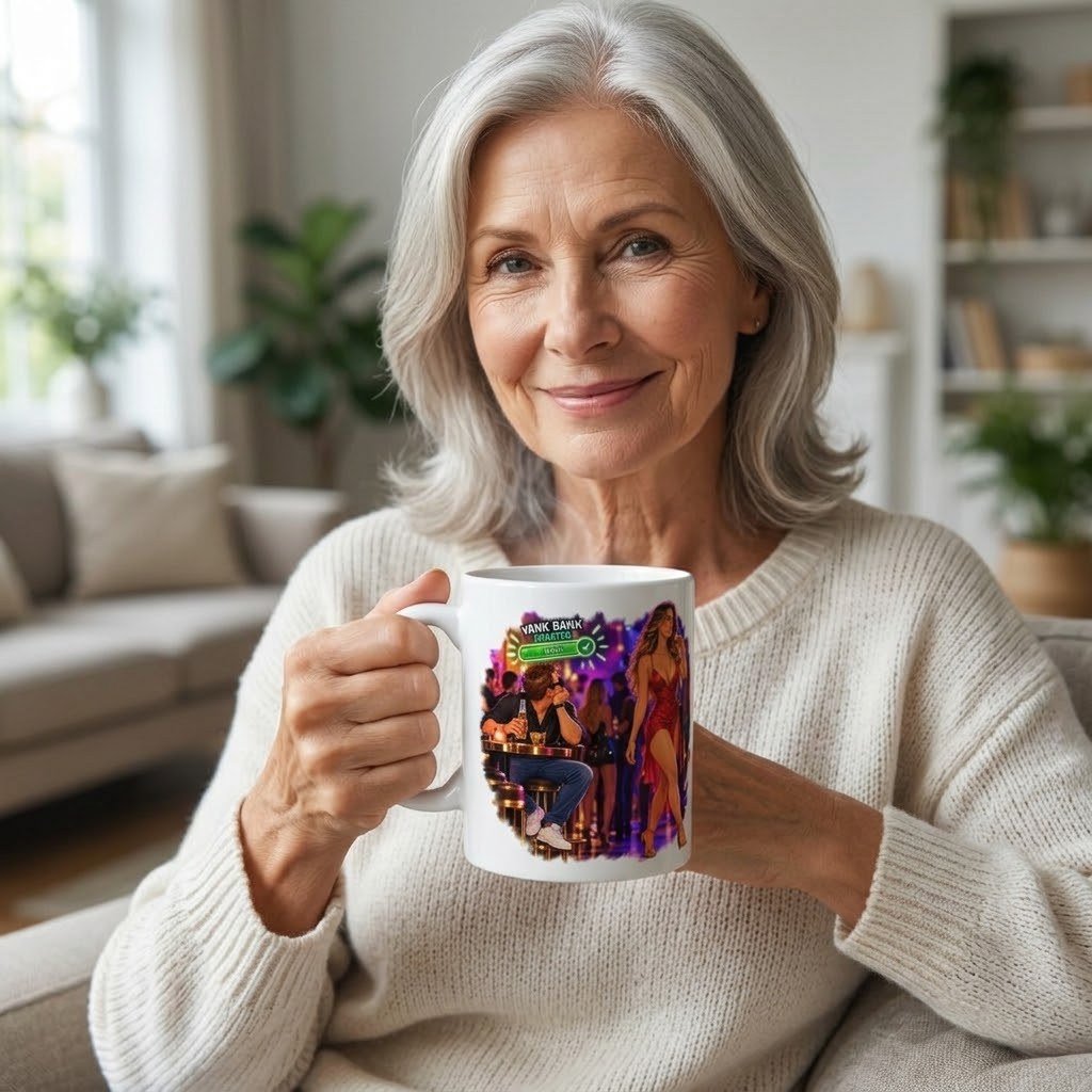 Person holding the Yank Bank Updated Mug – Night Club